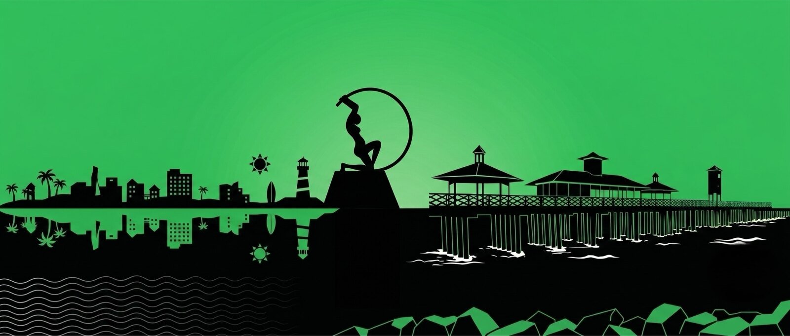 Silhueta da orla de Fortaleza: a estátua de Iracema, a Ponte dos Ingleses e o farol do Mucuripe